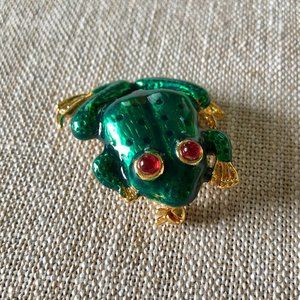 Gold tone Green Enamel Frog Froggy Brooch Pin